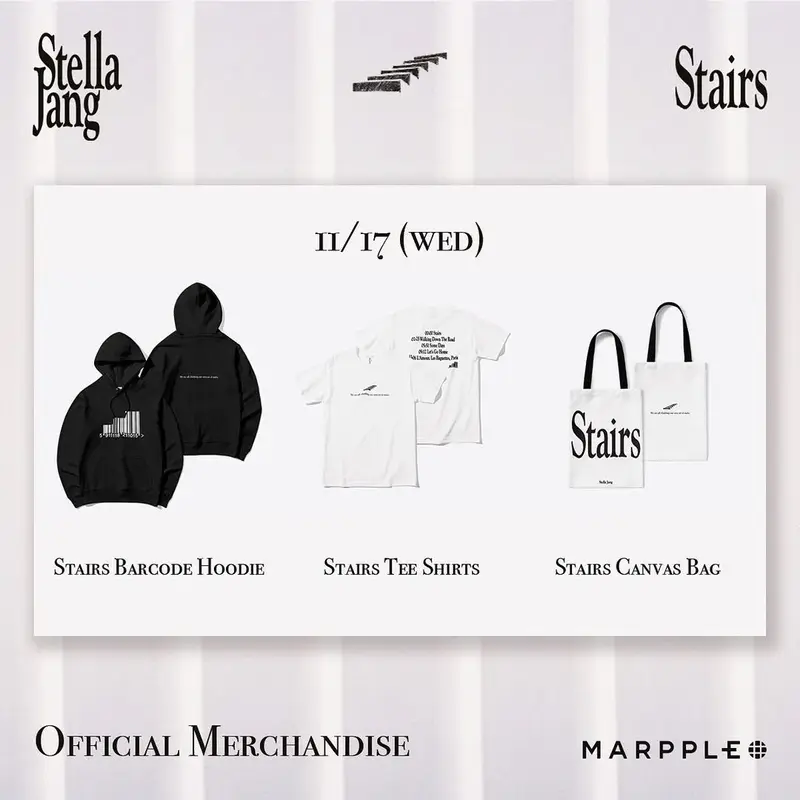 Stella Jang [Stairs] barcode hoodie, tee shirt, and canvas bag